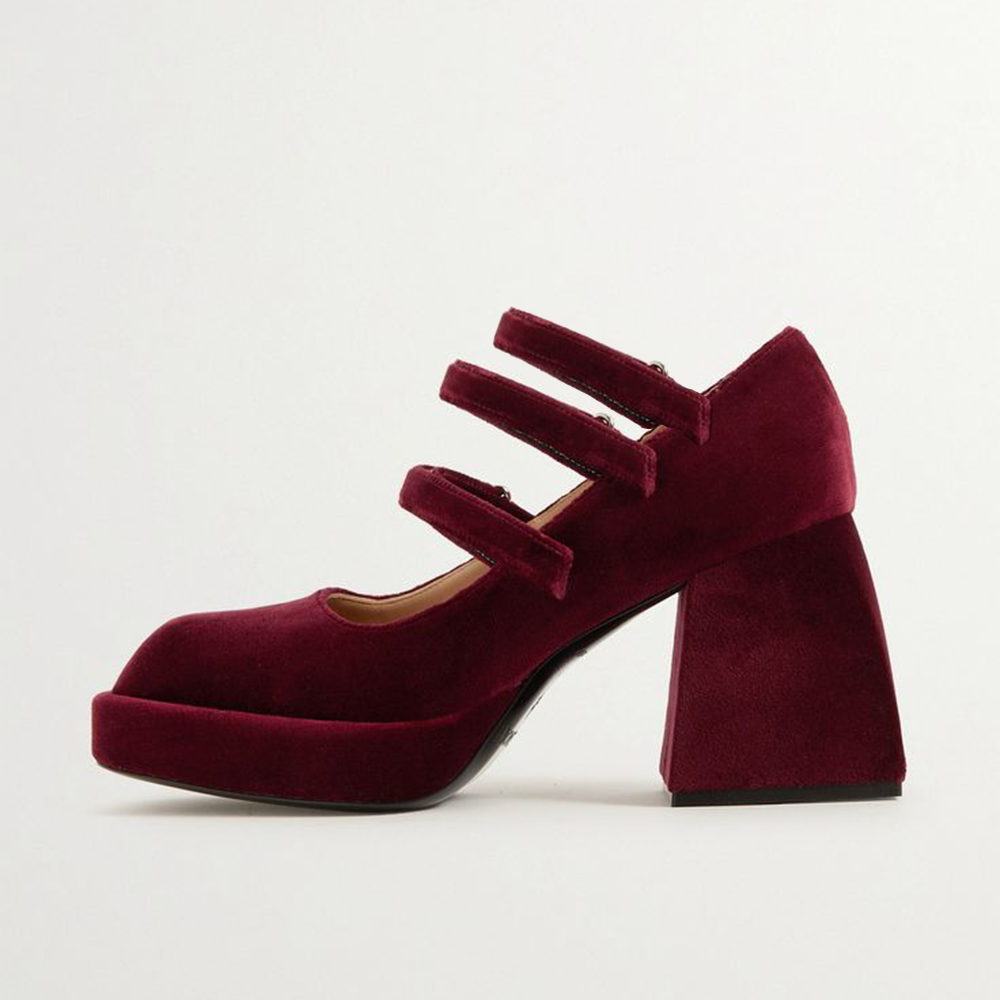 Maroon Velvet Square Toe Chunky Heel Platform Loafers Nicepairs