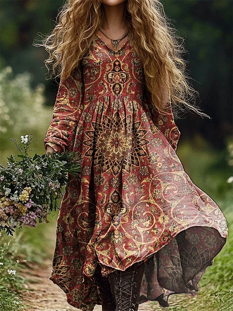 Women's Retro Ethnic Floral Art Pattern Print V Neck Pocket Cotton Dress