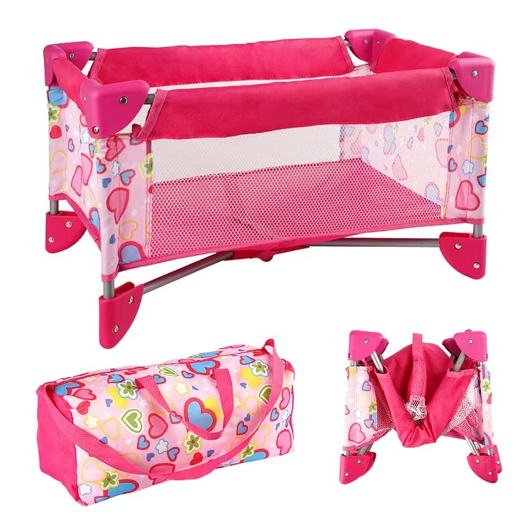 15"-20" Pink Retractable Love Printed Bed for Reborn Baby 2-Pieces Living Accessories