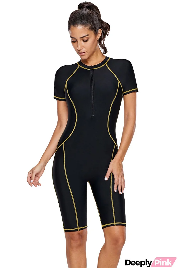 Black Seam Contoured Zip Front Short Sleeve One Piece Wetsuit