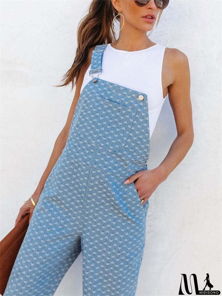 MidiSono - Trendy Ladies Light Blue Polka Dot Denim Jumpsuits