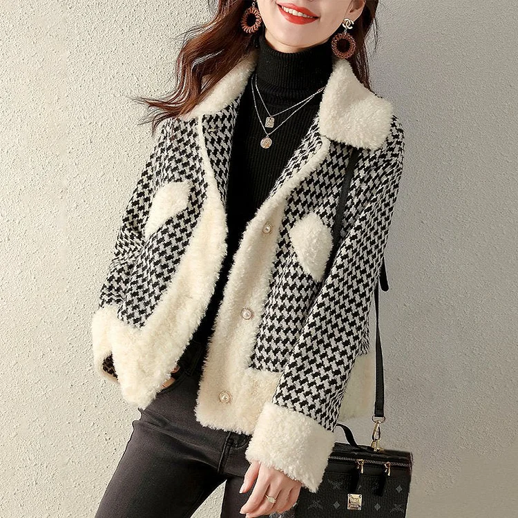 Houndstooth Shift Casual Long Sleeve Outerwear QueenFunky