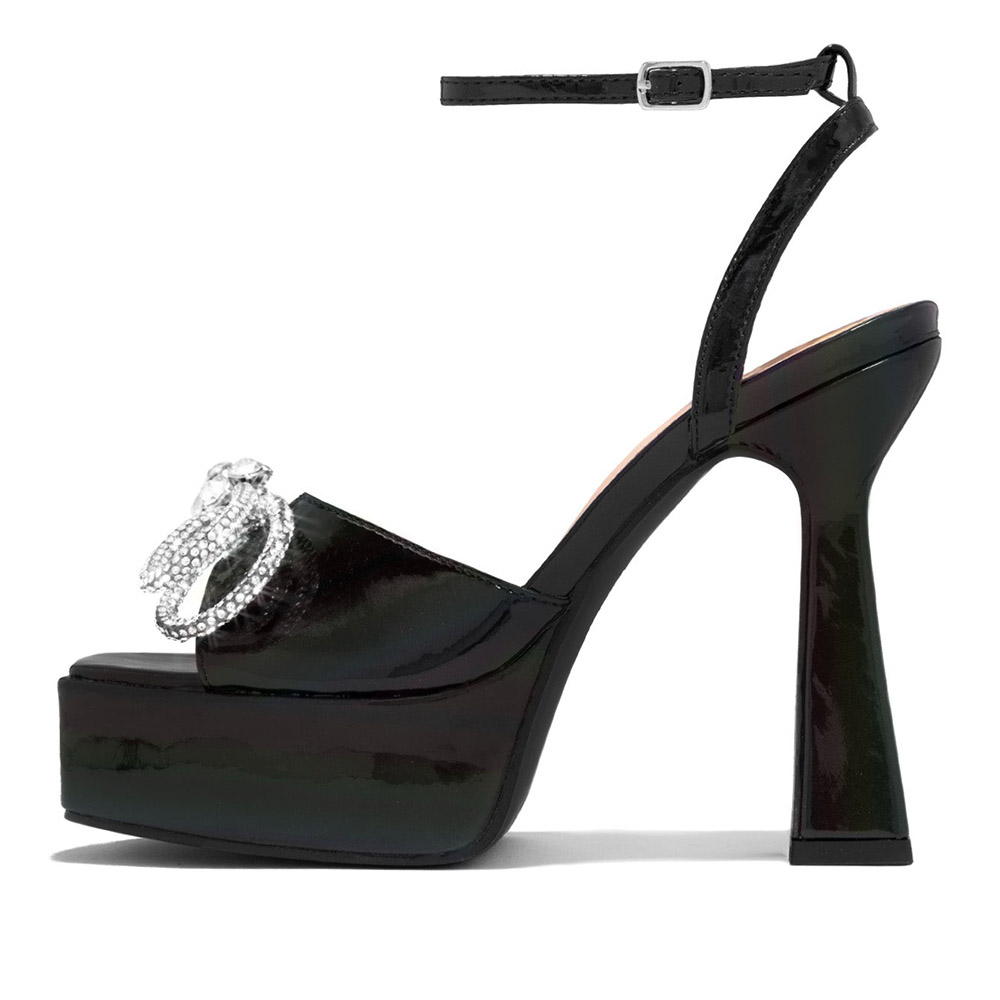Black Patent Leather Square Toe Rhinestone Bow Heels with Platform Nicepairs