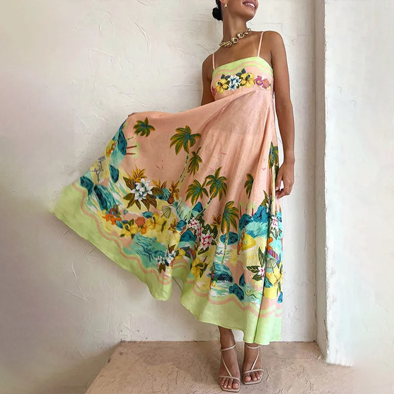 Uveng Uveng 2024 New Women's Sleeveless Strapless High-Waisted Print Long Strap Dress