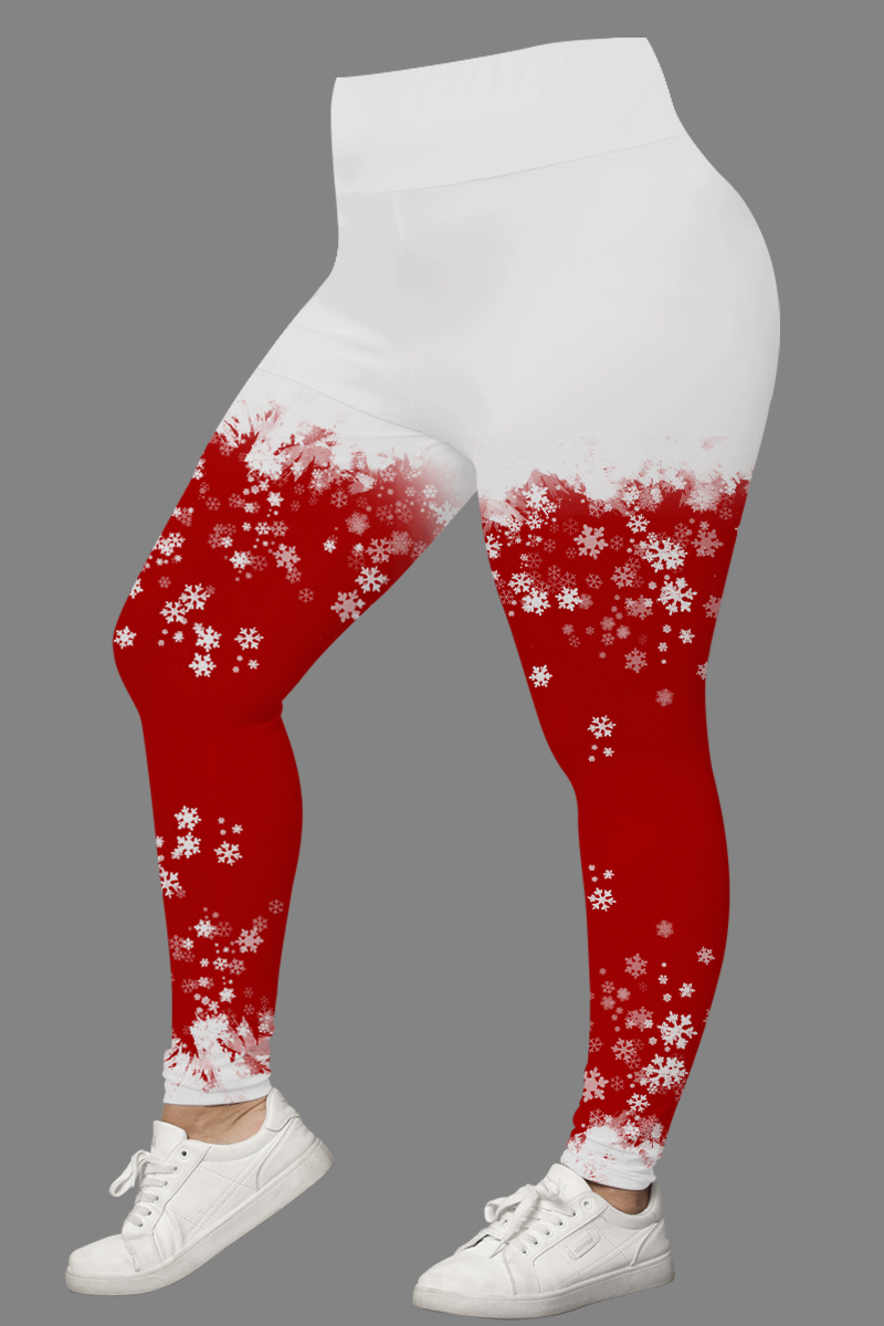 Flycurvy Plus Size Christmas Casual Red Ombre Snowflake Snowman Print Legging 2024 - Flycurvy 