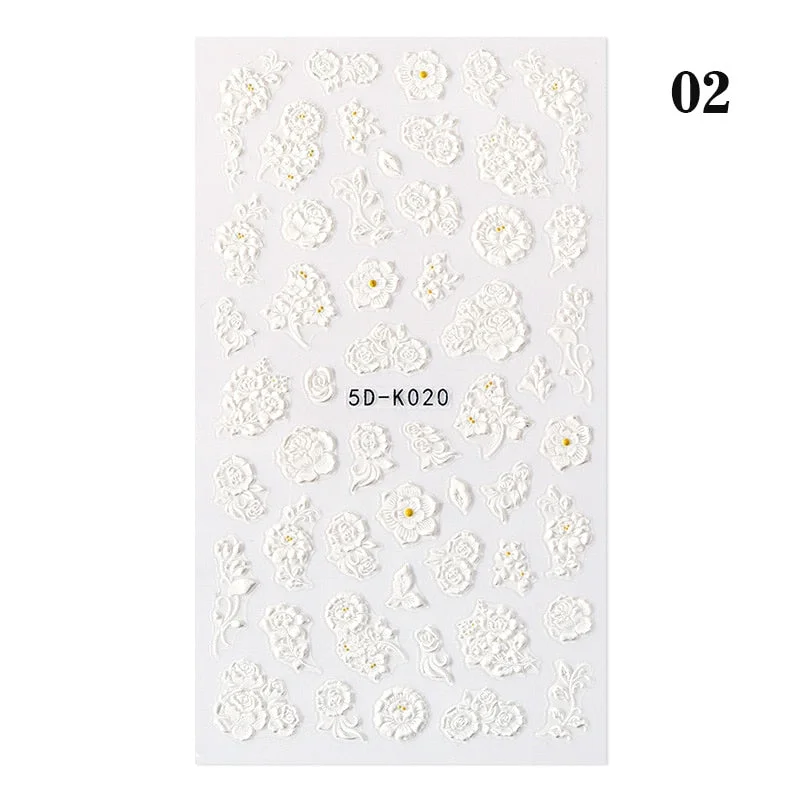 1PC French 5D Nail Sticker Embossed Flower Bubble Pattern Self-Adhesive Slider Wedding Design Nails Decals Nail Art Decoration-Nail Inspo