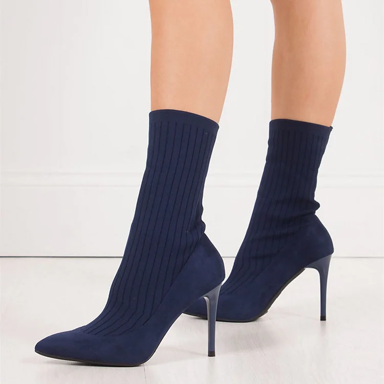 Navy Pointy Toe Stiletto Heel Sock Boots Ankle Boots |FSJ Shoes