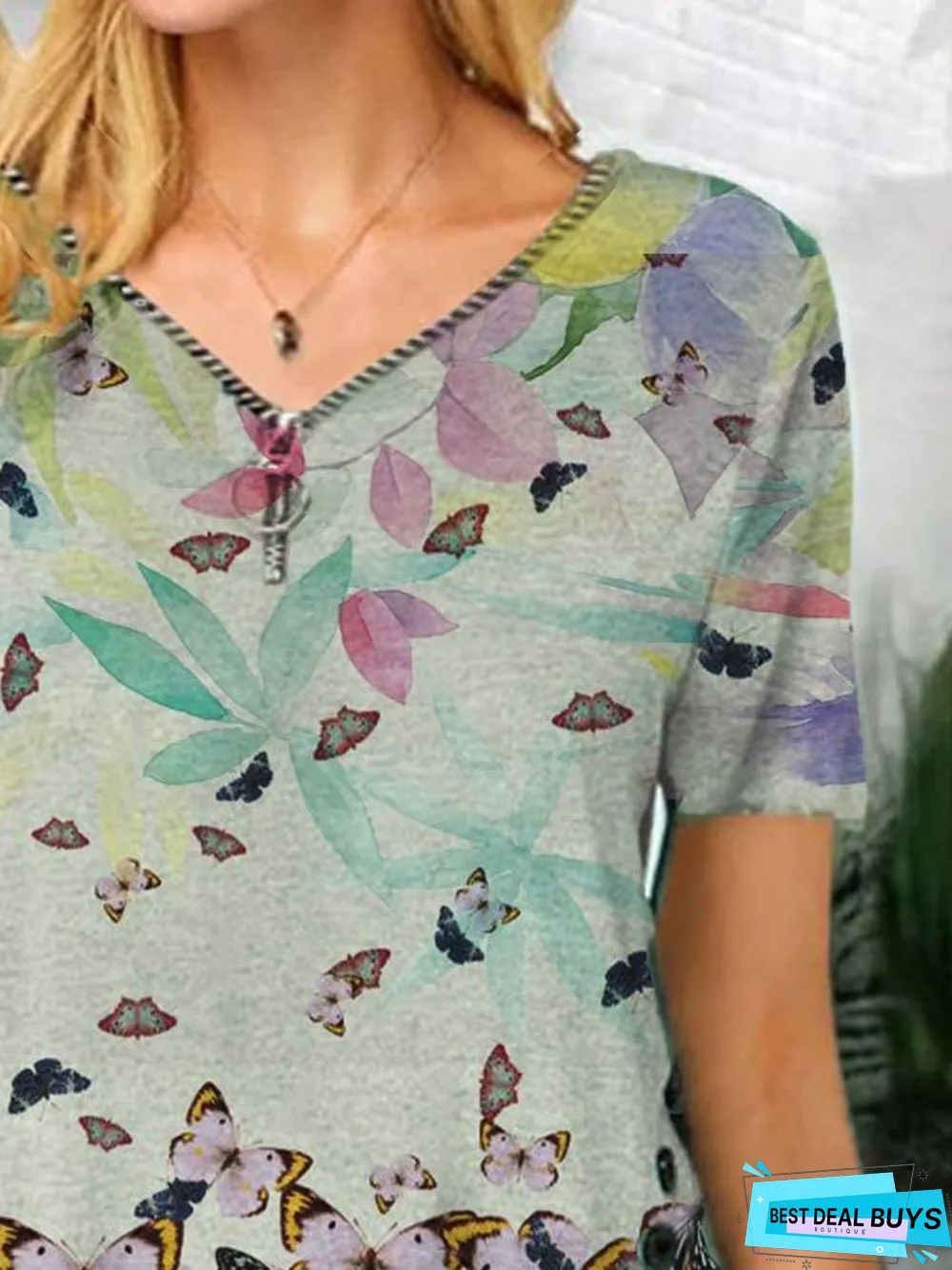 Butterfly Cotton-Blend Short Sleeve Casual T-shirt