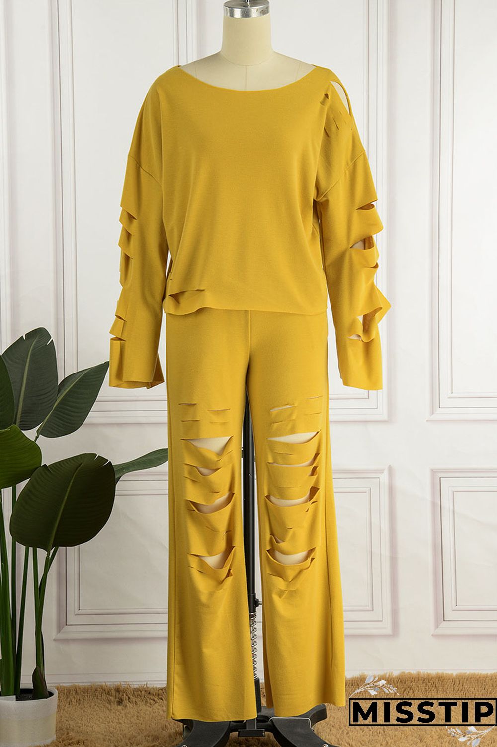 Yellow Casual Street Solid Ripped Hollowed Out Patchwork Oblique Collar Long Sleeve Two Pieces