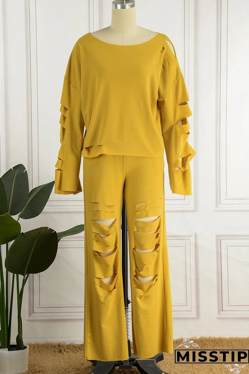 Yellow Casual Street Solid Ripped Hollowed Out Patchwork Oblique Collar Long Sleeve Two Pieces