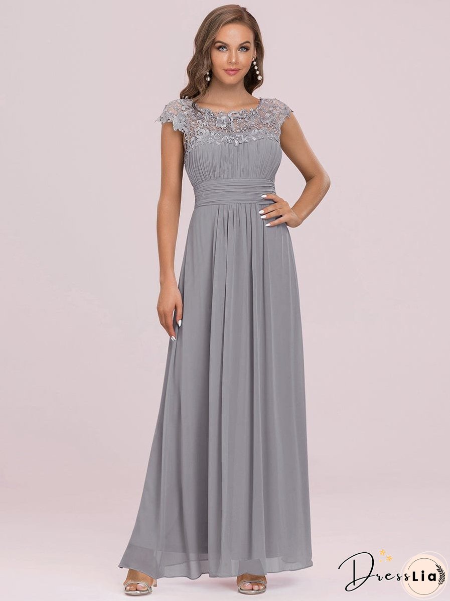 Elegant Lace Cap Sleeve Chiffon Evening Gown with Rhinestone-Embellished Neckline