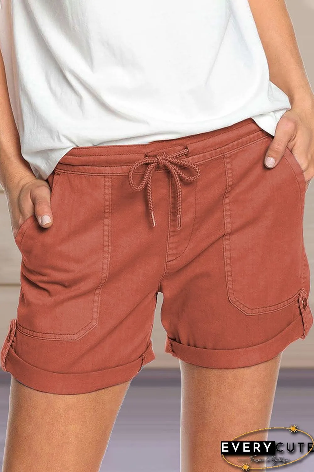 Solid Drawstring Waist Casual Shorts