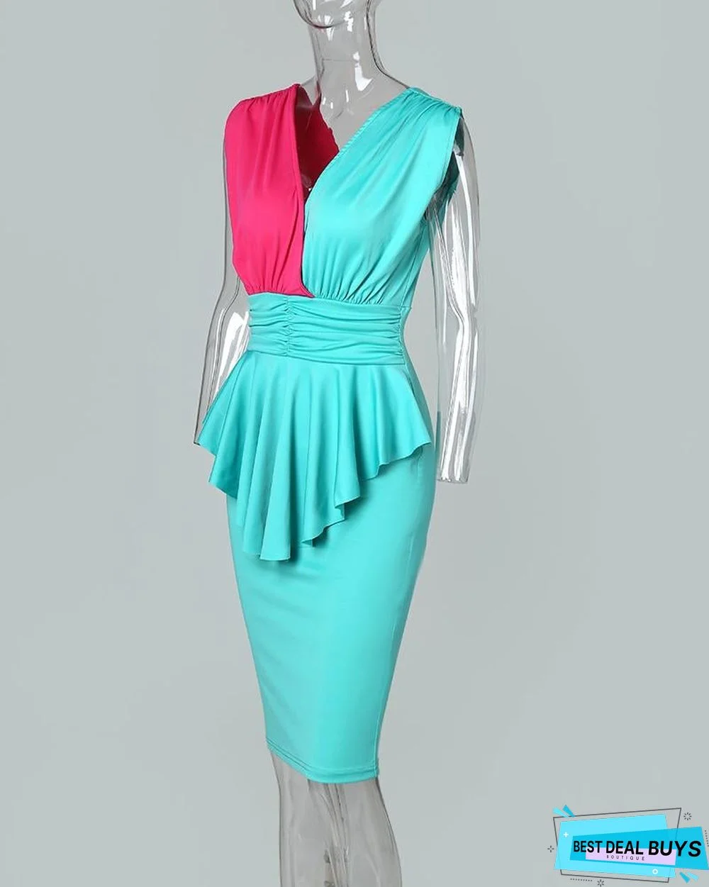 Sleeveless Color Block Insert Peplum Dress