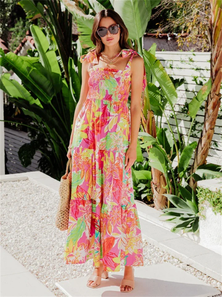 Summer Fashion New Sweet Fresh Resort Style Print Halter High Waist Long Oversized Skirt Hem Commuter Style Dress | 168DEAL