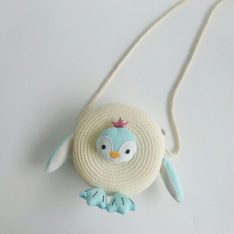 Girl’s Small Straw Flower Bow Knot Cute Round Zipper Crossbody Bag