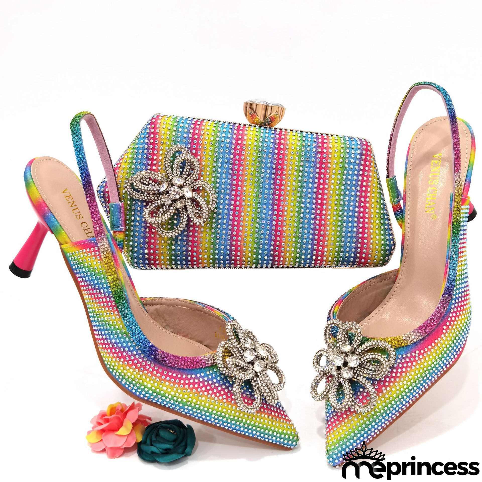 Women Fashion Pointed Toe Floral Rhinestone Sandals With Floral Evening Bag Set