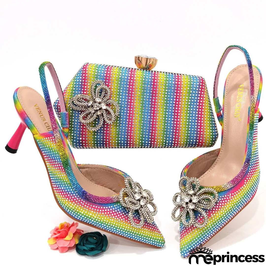 Women Fashion Pointed Toe Floral Rhinestone Sandals With Floral Evening Bag Set
