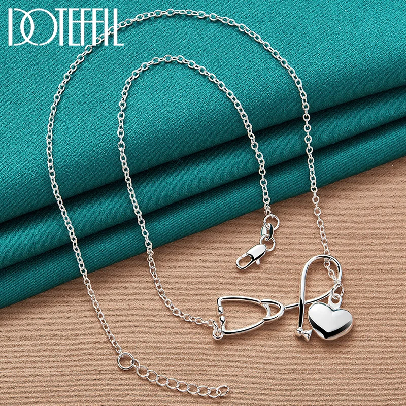 DOTEFFIL 925 Sterling Silver 18 Inch Stethoscope Heart Pendant Necklace Chain For Women Jewelry