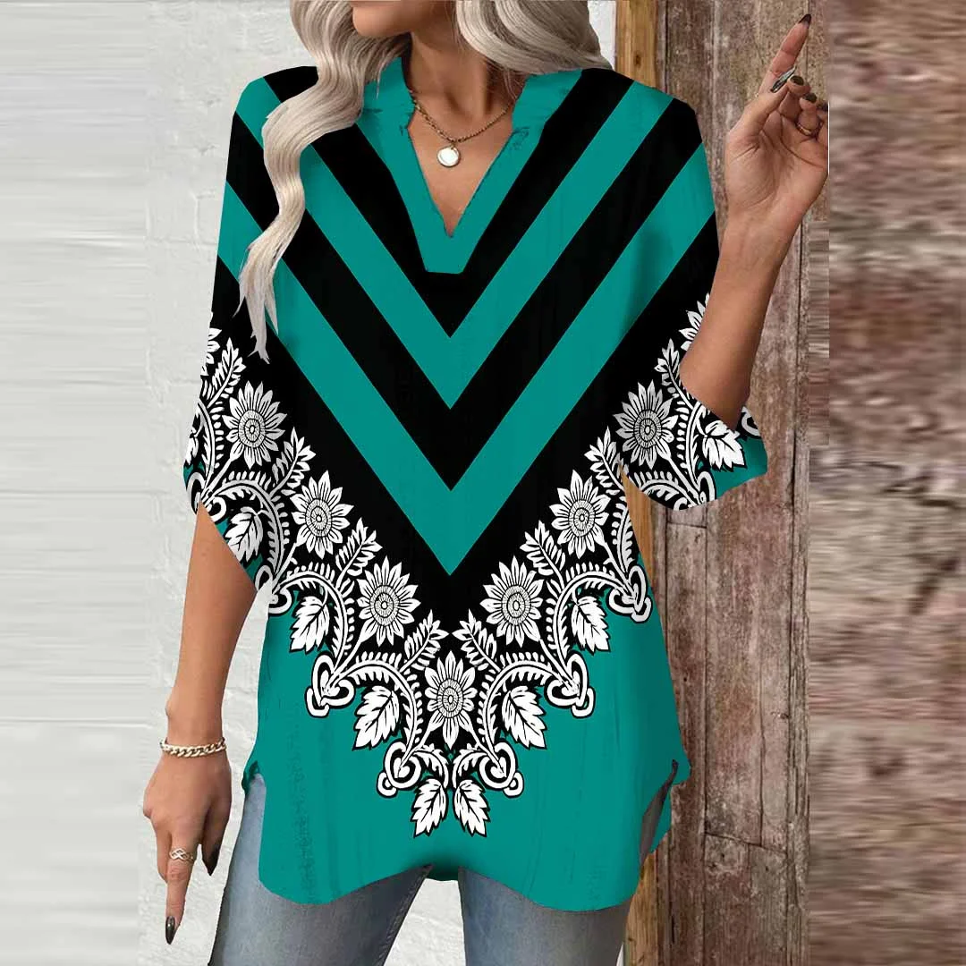 Women Green,Geometric,Stitching DZGA0622 3/4 Sleeve V-neck Printed Graphic Button Tops