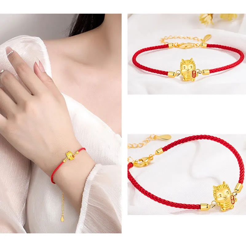 925 Sterling Silver Year Of The Dragon Lucky Golden Dragon Strength Red Rope Chain Bracelet