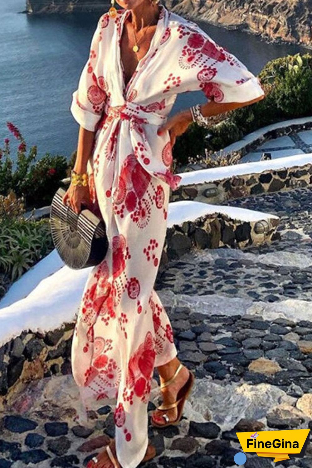 Fashion Bohemian Print Split Joint V Neck A Line Dresses