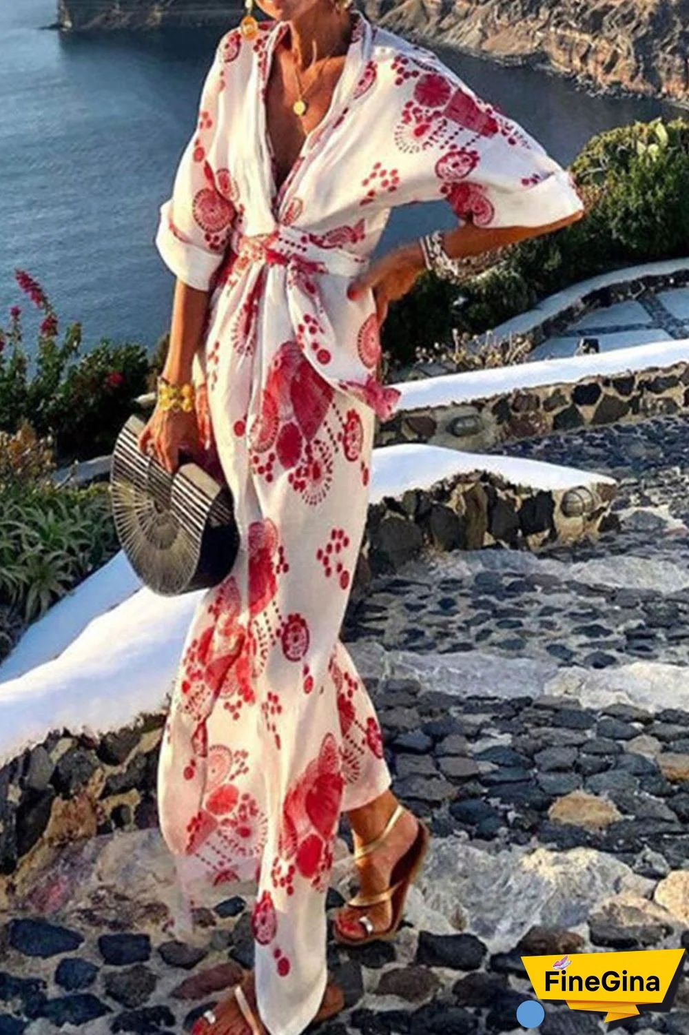 Fashion Bohemian Print Split Joint V Neck A Line Dresses