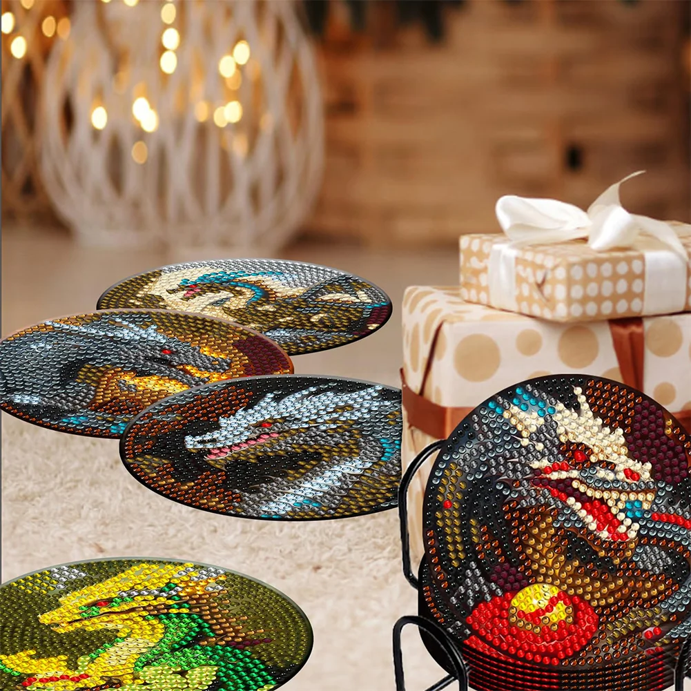 8pcs DIY Dragon Diamond Painting Wooden Coasters Kits for Adults Kids Beginner Gift Supplies