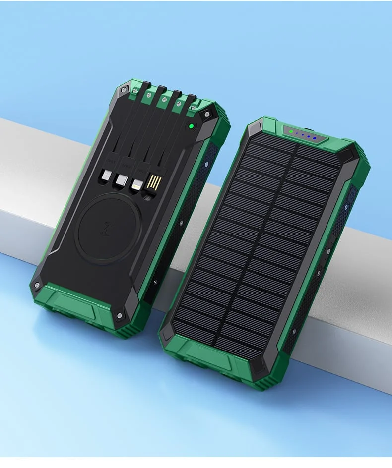 Wireless Charger Solar Power Bank Built-in Cables Waterproof/Shockproof