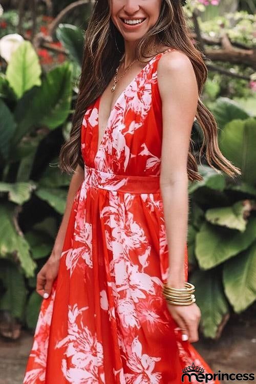 V Neck Backless Slip Maxi Dress