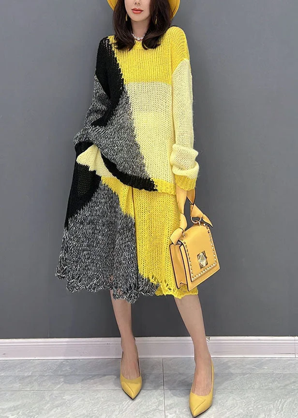 Stylish Colorblock Oversized Patchwork Knit Two Pieces Set