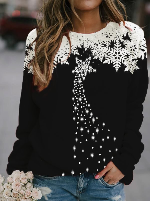 Christmas Snowflake Print Long Sleeve Casual Sweatshirt