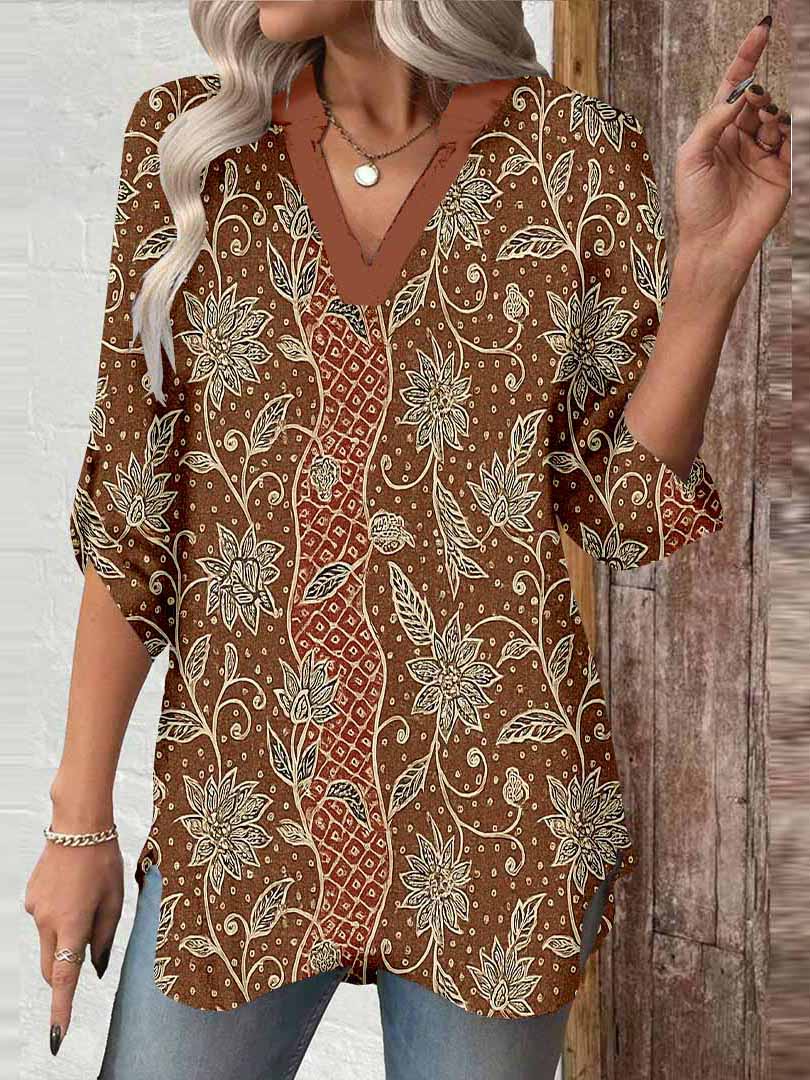 Women Ethnic Ethnic, Brown, Floral DZGA0492 3/4 Sleeve V-neck Printed Graphic Button Tops