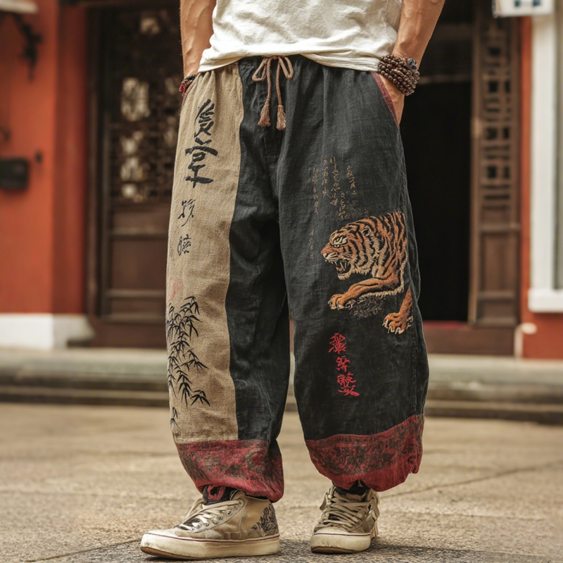Men's Japanese Tiger Art Contrast Color Linen Pants  artssus