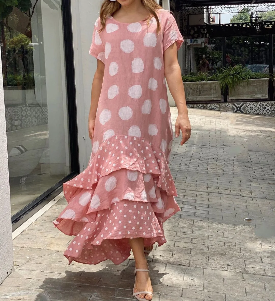Leisure Vacation Round Neck Polka Dot Long Dress with Large Swing