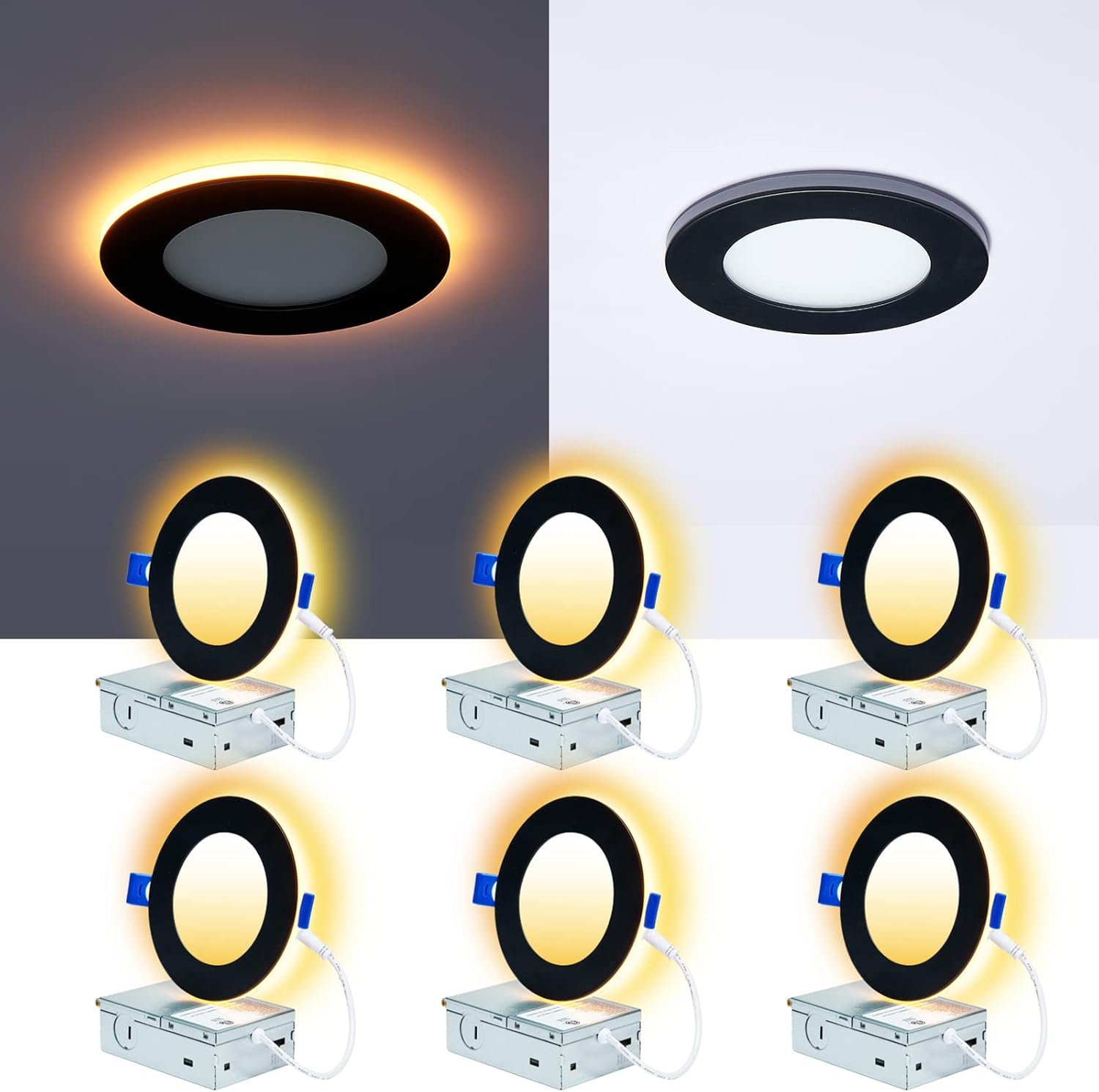 6 Pack 4 Inch LED Recessed Lights with Night Light Black
