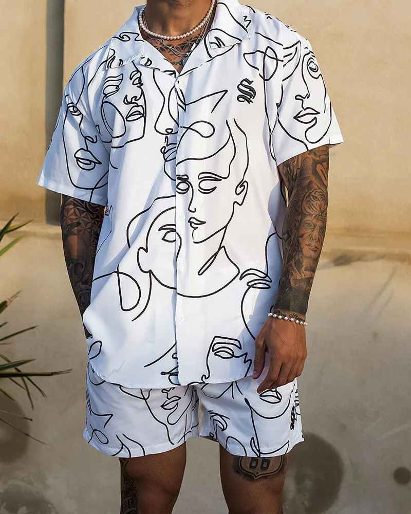 Face White Graphic Shirt Short Sleeve Set