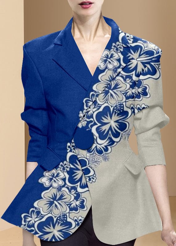 Blue Grey Print Slim Fit Coats Button Peter Pan Collar Long Sleeve CK319- Fabulory