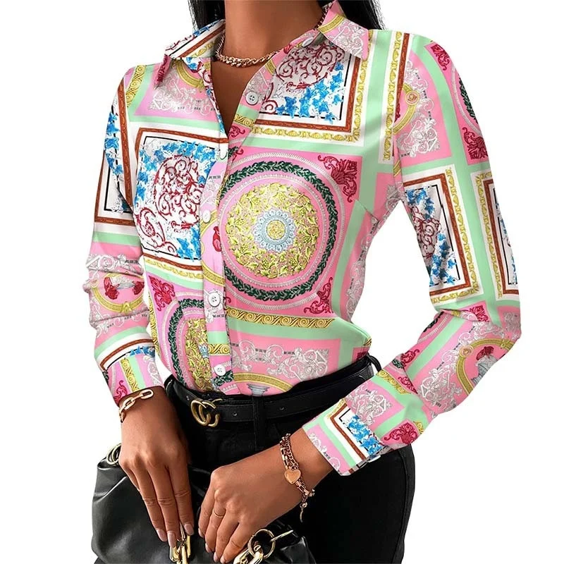 New Chain Print Women Tops And Blouses Fashion Turn-down Collar Long Sleeve Casual Plus Size Elegant Office Work Lady Shirts