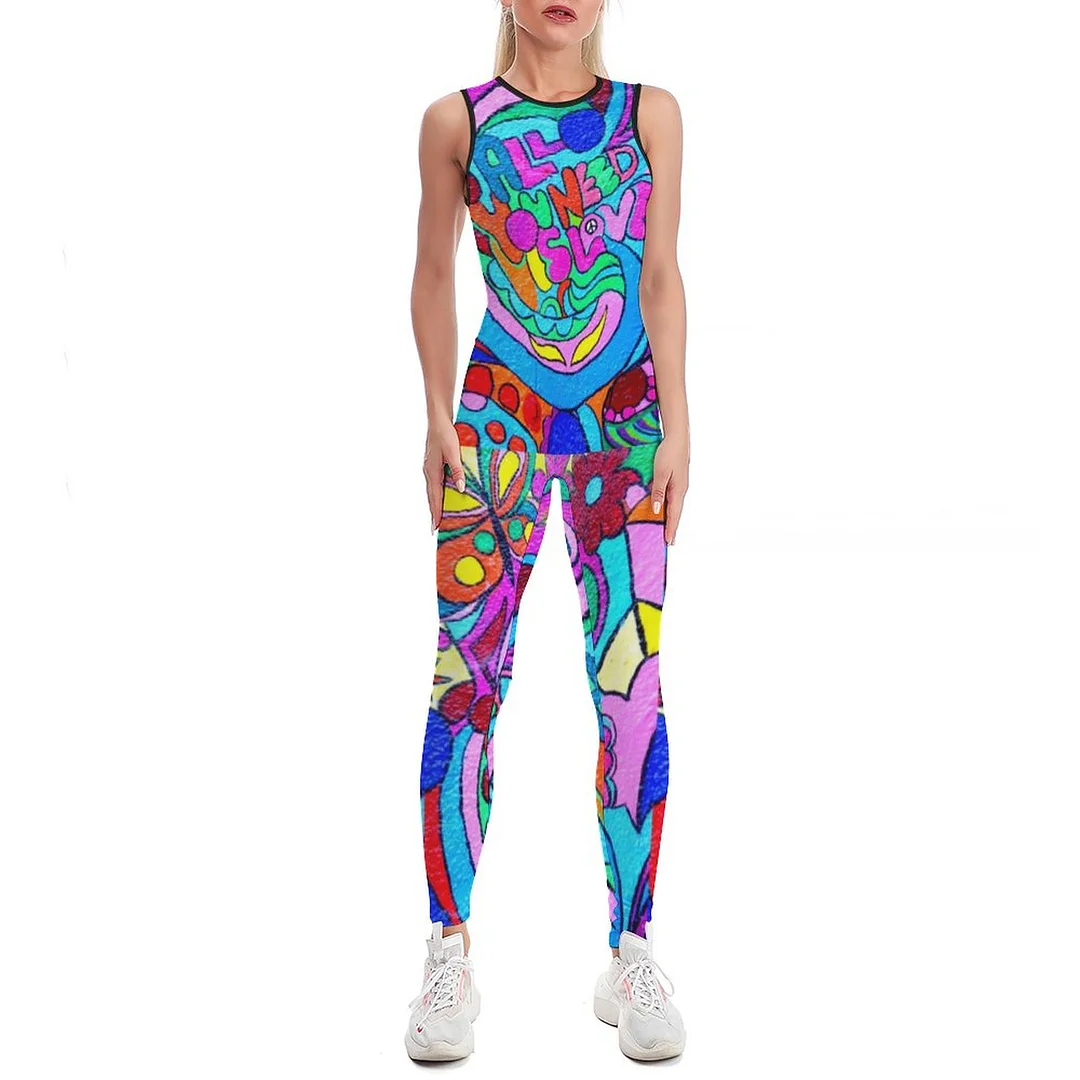 Colorful Groovy Psychedelic Love Bodycon Tank One Piece Jumpsuits Long Pant Retro Yoga Printing Rompers Playsuit for Women