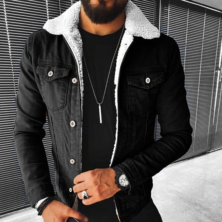 Men's Casual Turndown Collar Single Breasted Thermal Fuzzy Lined Denim Jacket