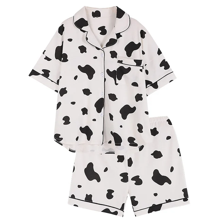 Cartoon Cow Print Pocket Casual Pajamas Set - Modakawa Modakawa