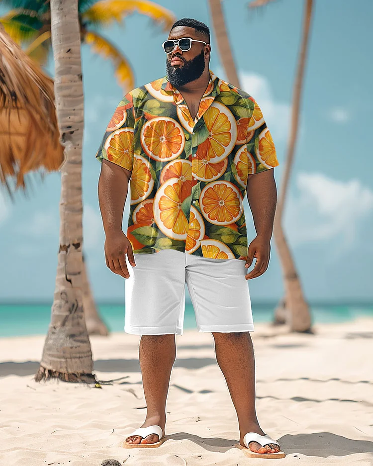 Men's Plus Size Hawaiian Orange Cut Print Shirt Shorts Suit