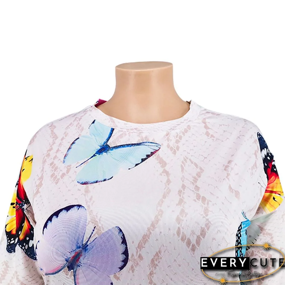 White Butterfly Print Loungewear Plus Size Set