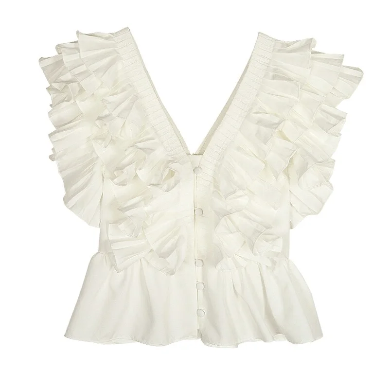 Toloer Toloer Red Casual Patchwork Ruffle Shirts For Women V Neck Short Sleeve Ruched Slim Blouses Female 2023 Summer Fashion New 1127-0-Outfit Ideas