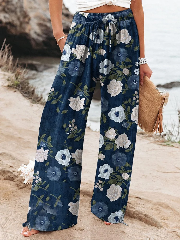 Women's  Flower  Art Printed Cotton And Linen Casual Pants