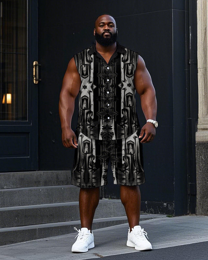 Big and Tall Men's Retro Fashion Abstract Pattern Printed Sleeveless Shirt and Shorts Set