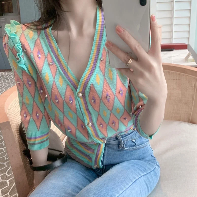 Korean Style Plaid Ruffle V-Neck Knitted Cropped Cardigan BE546