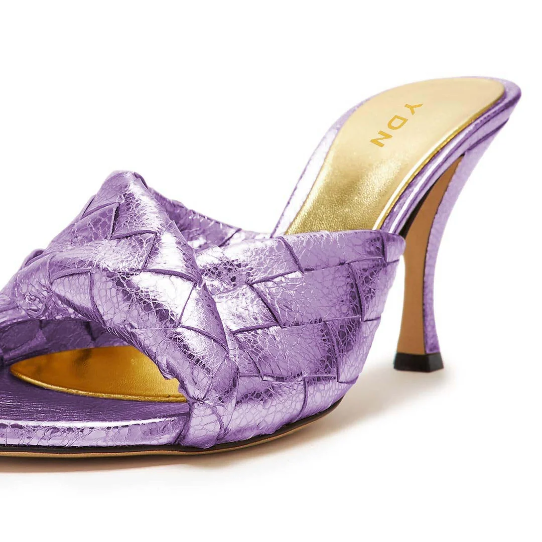 YDN Trendy Open Toe Woven Slip-On Spool Heeled Mules in Purple