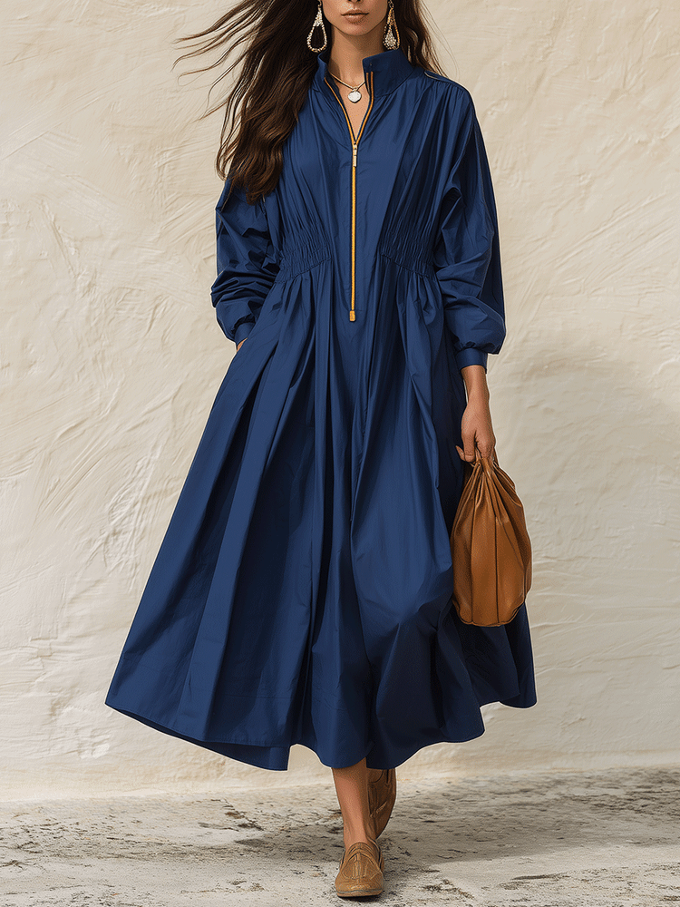 Women's Zip-Up Stand Collar Long Sleeve Cinched Waist Maxi Dress