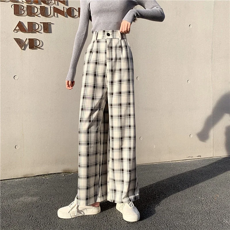 Zoki Plaid Women Pants Elastic High Waist Korean Fashion Plus Size Loose Spring Ladies Full Straight Pants Casual Trousers S-4XL